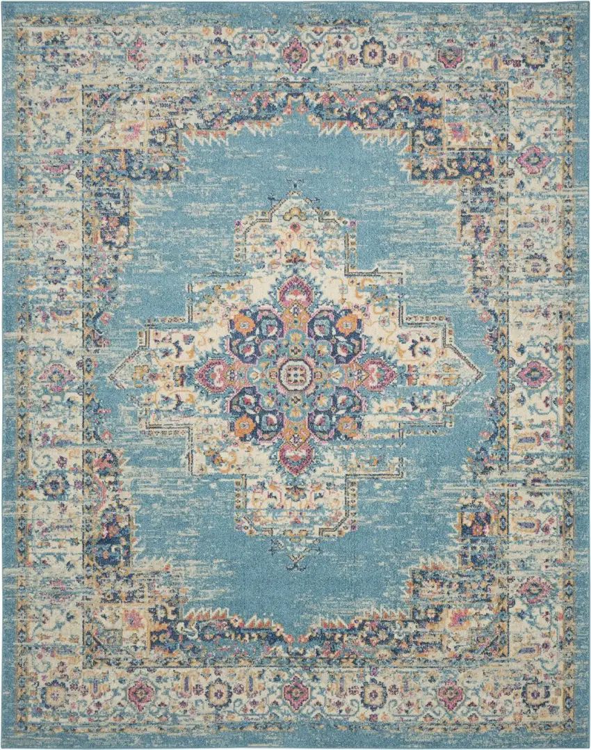 Light Blue Distressed Medallion Area Rug Photo 9