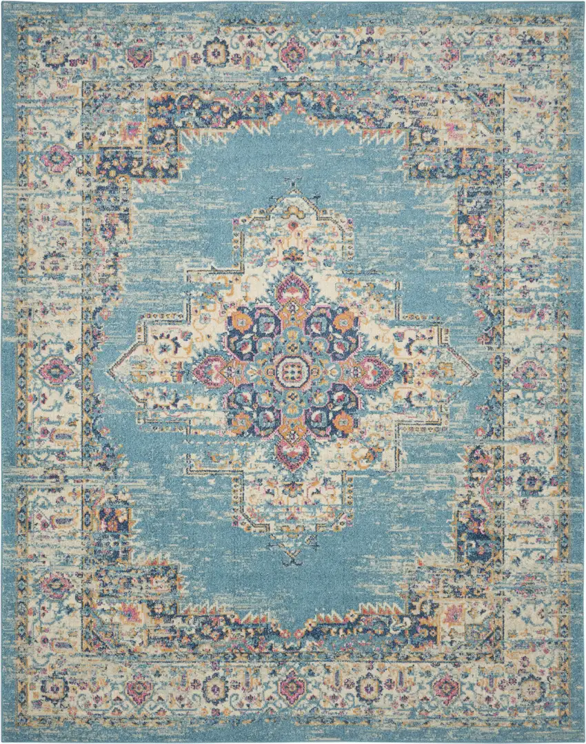 Blue and Ivory Medallion Power Loom Distressed Area Rug Photo 5