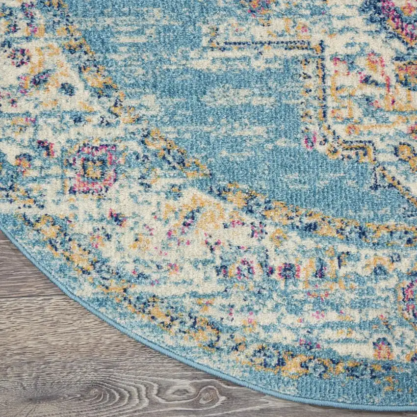 8' Blue And Ivory Southwestern Distressed Round Rug Photo 8