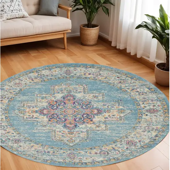 8' Blue And Ivory Southwestern Distressed Round Rug Photo 2