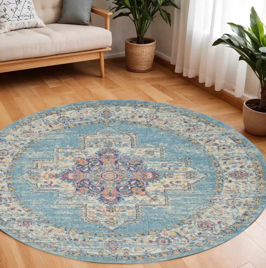 8' Blue And Ivory Southwestern Distressed Round Rug Photo 2