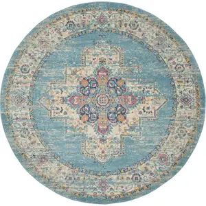 Photo of Light Blue Distressed Medallion Area Rug
