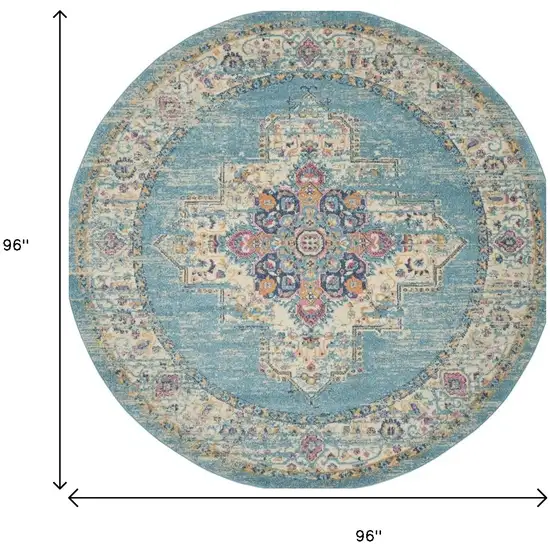 8' Blue And Ivory Southwestern Distressed Round Rug Photo 9