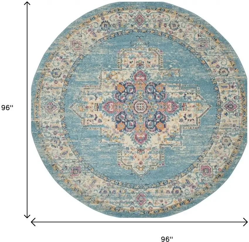 8' Blue And Ivory Southwestern Distressed Round Rug Photo 9