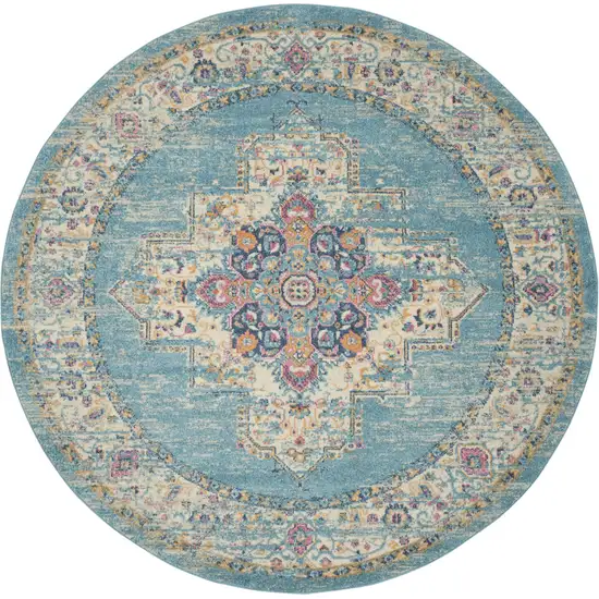 8' Blue And Ivory Southwestern Distressed Round Rug Photo 3