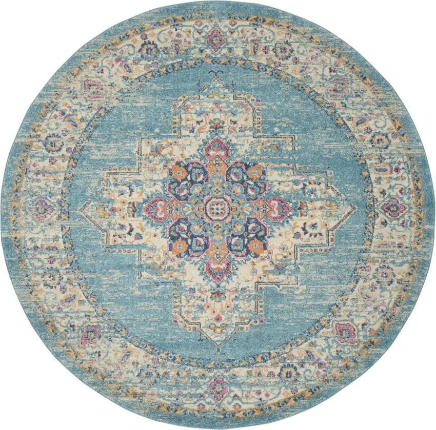 8' Blue And Ivory Southwestern Distressed Round Rug Photo 3