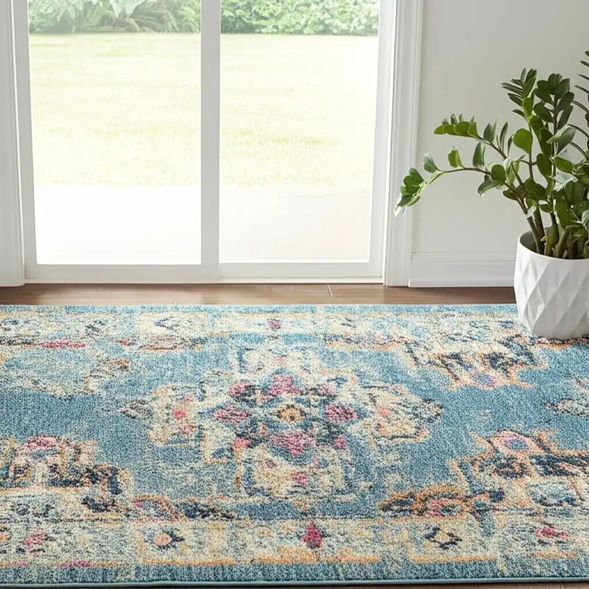 6' Blue And Ivory Southwestern Distressed Runner Rug Photo 2