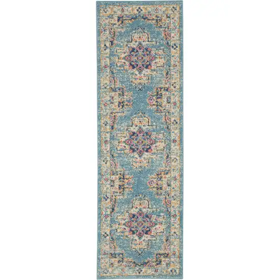 6' Blue And Ivory Southwestern Distressed Runner Rug Photo 8