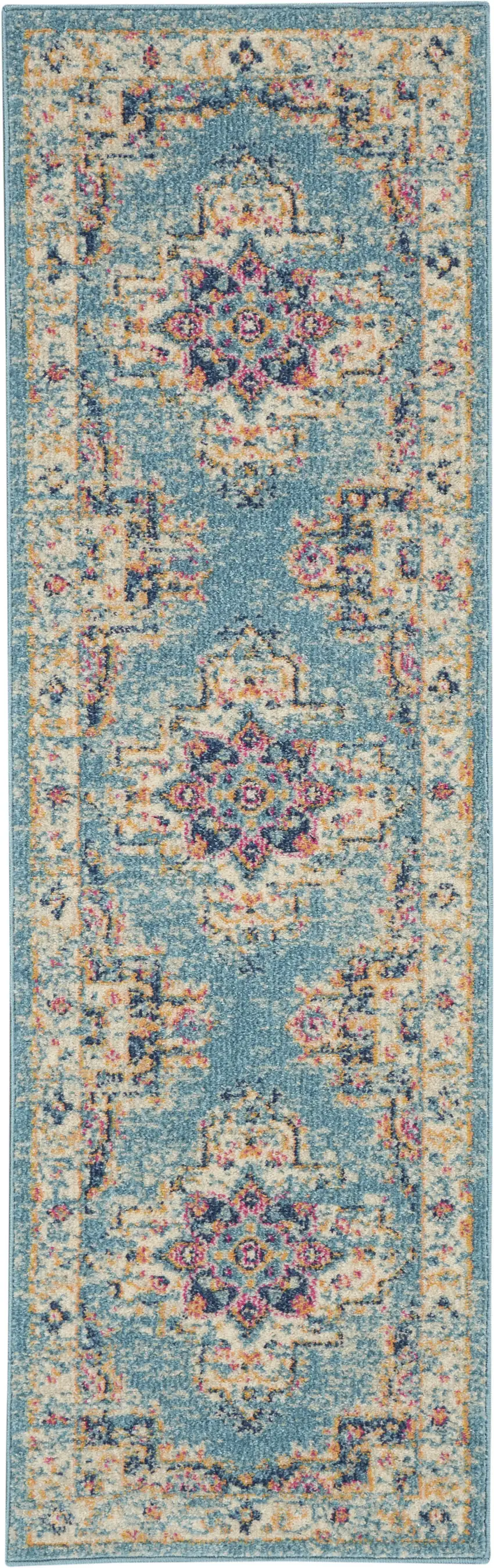 6' Blue And Ivory Southwestern Distressed Runner Rug Photo 8