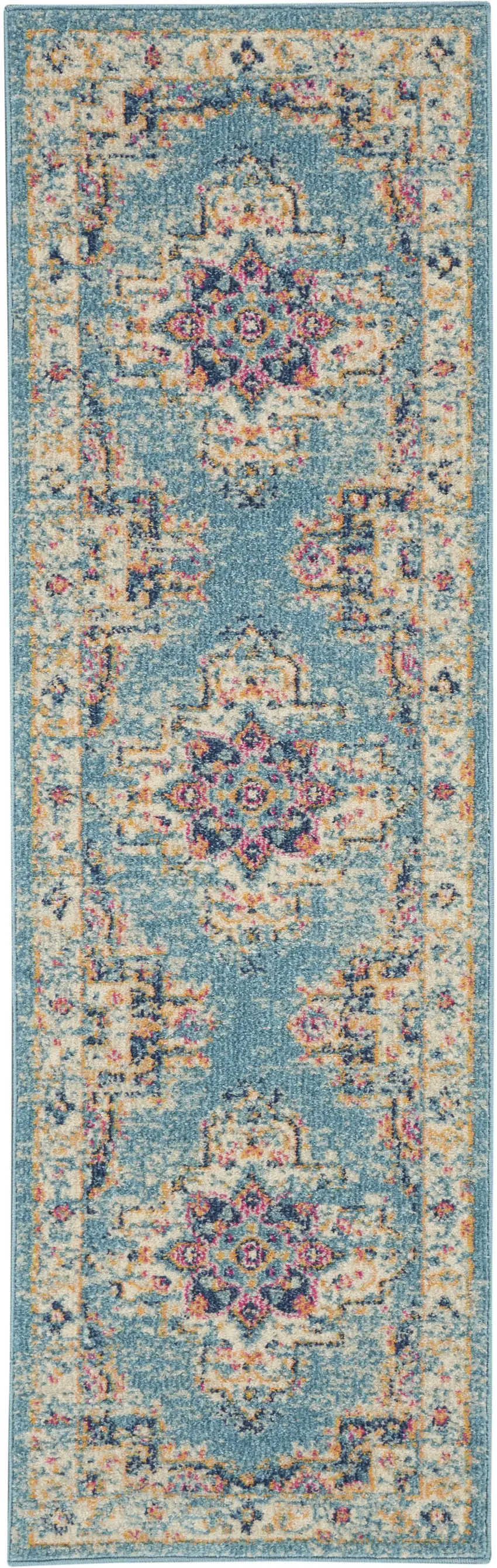 6' Blue And Ivory Southwestern Distressed Runner Rug Photo 1