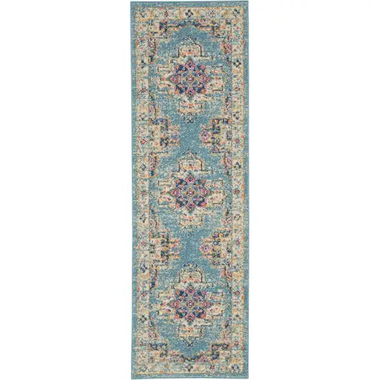 6' Blue And Ivory Southwestern Distressed Runner Rug Photo 1