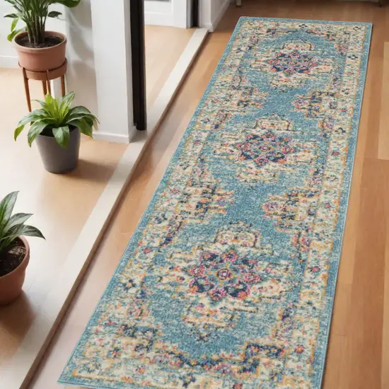 6' Blue And Ivory Southwestern Distressed Runner Rug Photo 2