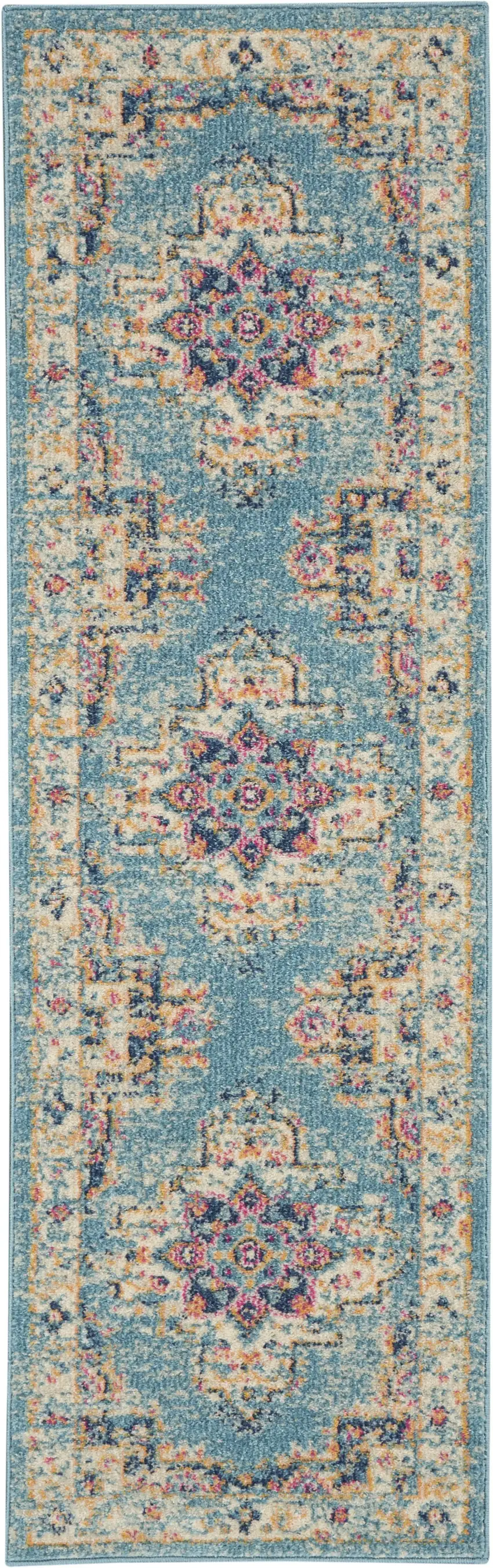 Light Blue Distressed Medallion Runner Rug Photo 1