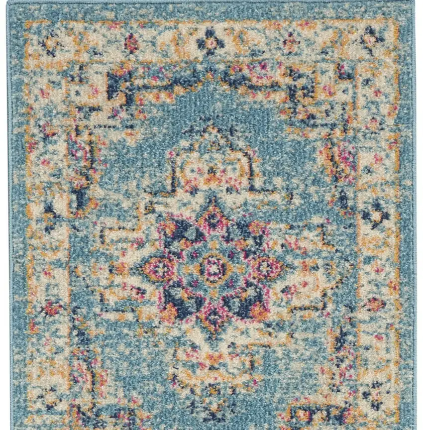 6' Blue And Ivory Southwestern Distressed Runner Rug Photo 6
