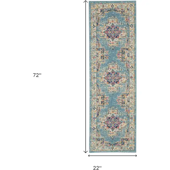 6' Blue And Ivory Southwestern Distressed Runner Rug Photo 8