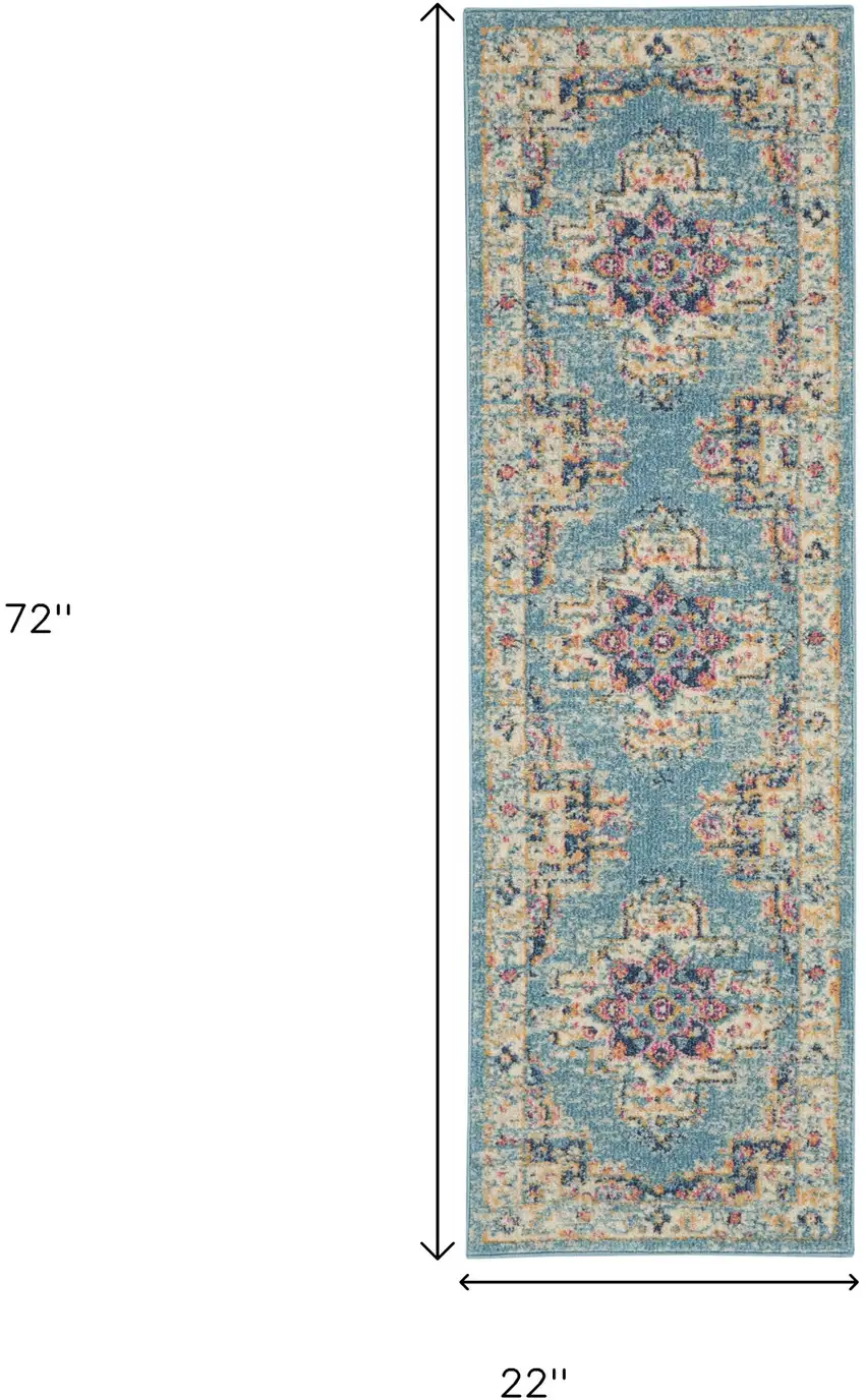 6' Blue And Ivory Southwestern Distressed Runner Rug Photo 8