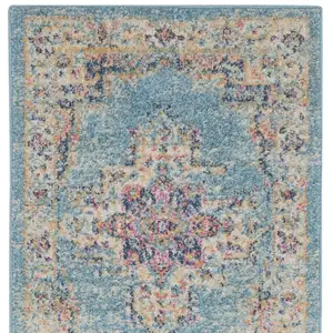 Photo of Light Blue Distressed Medallion Runner Rug