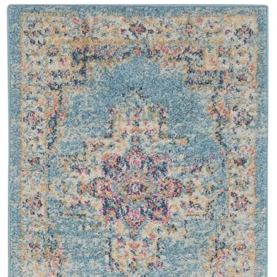 10' Blue And Ivory Southwestern Distressed Runner Rug Photo 9