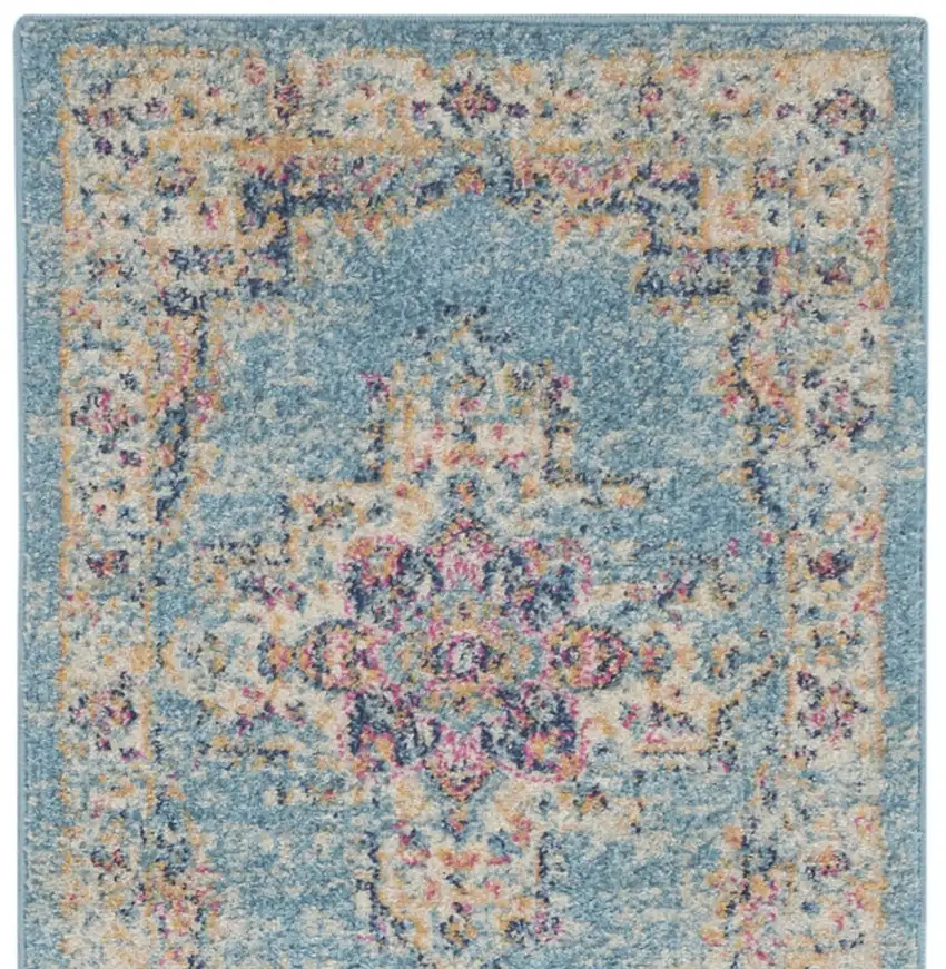 10' Blue And Ivory Southwestern Distressed Runner Rug Photo 9