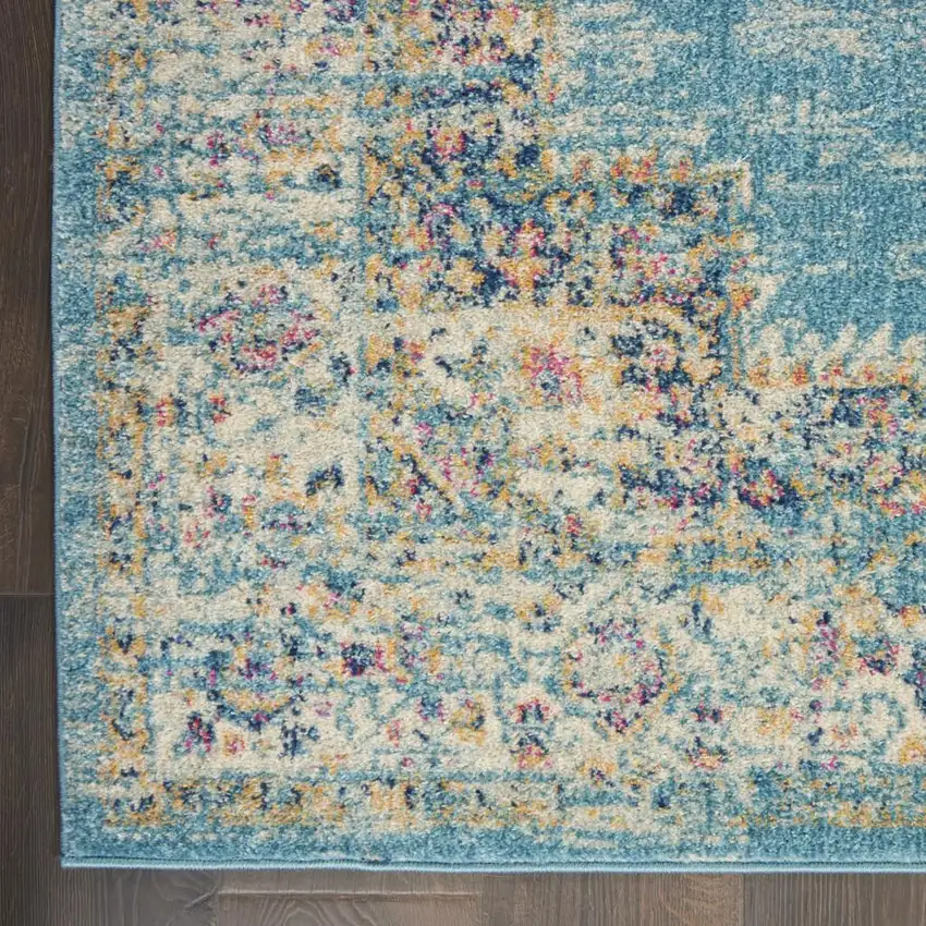 10' Blue And Ivory Southwestern Distressed Runner Rug Photo 8