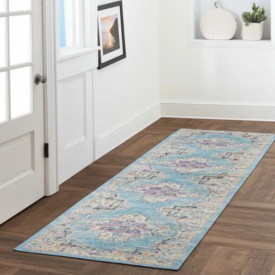 10' Blue And Ivory Southwestern Distressed Runner Rug Photo 1