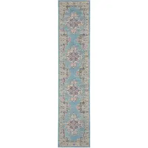 Photo of Light Blue Distressed Medallion Runner Rug
