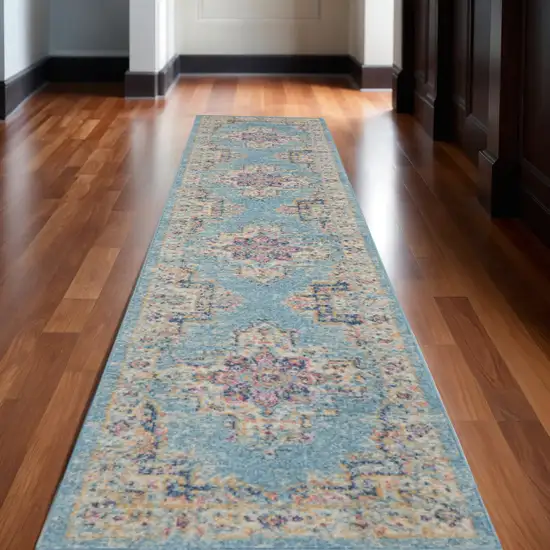 10' Blue And Ivory Southwestern Distressed Runner Rug Photo 2