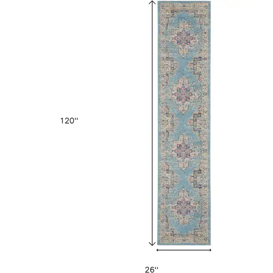 10' Blue And Ivory Southwestern Distressed Runner Rug Photo 3