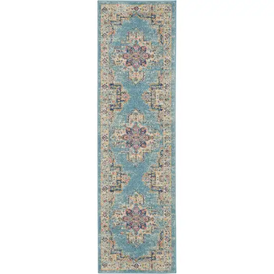 8' Blue And Ivory Southwestern Distressed Runner Rug Photo 9