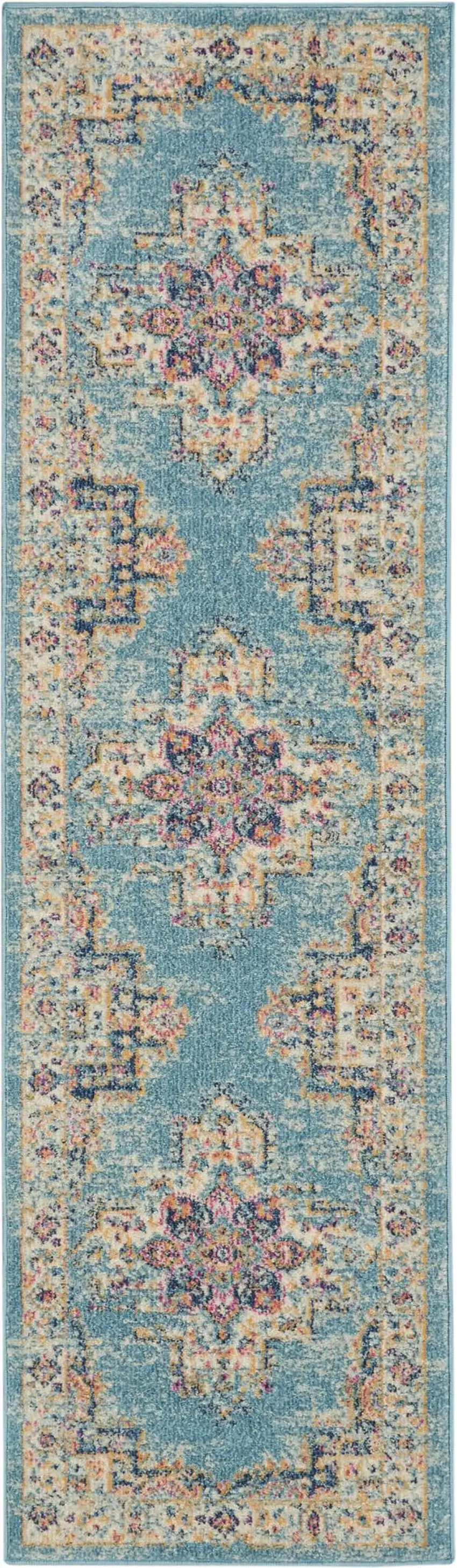 8' Blue And Ivory Southwestern Distressed Runner Rug Photo 9