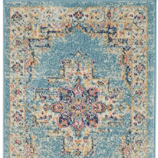 8' Blue And Ivory Southwestern Distressed Runner Rug Photo 7