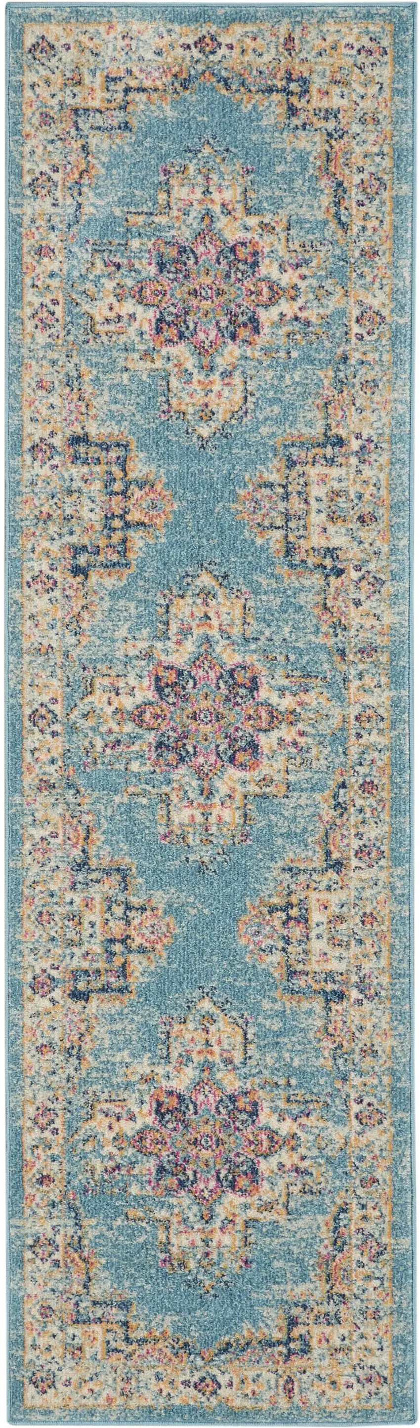 8' Blue And Ivory Southwestern Distressed Runner Rug Photo 1
