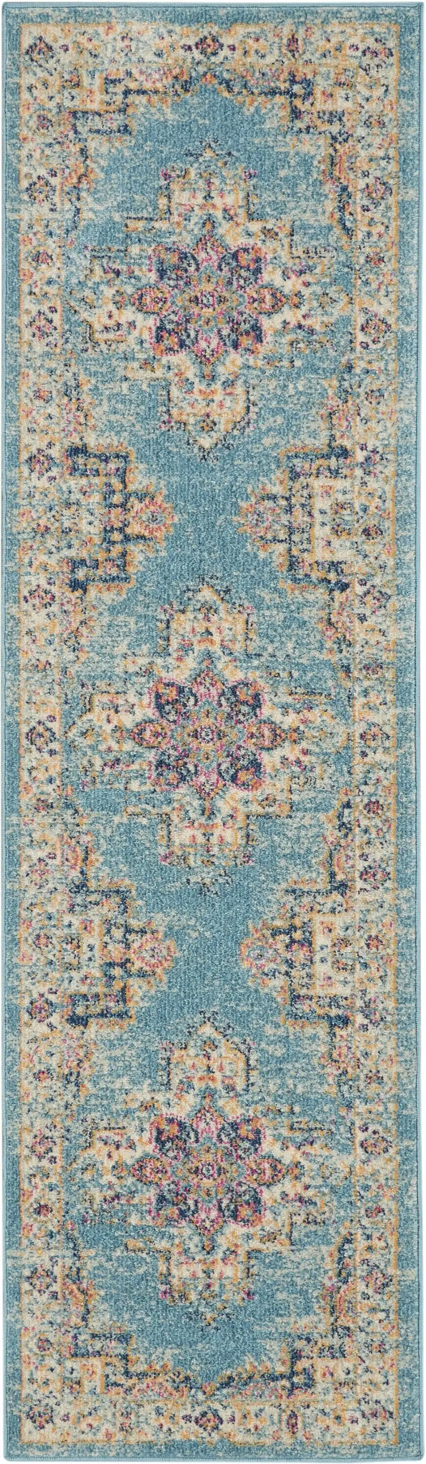 Light Blue Distressed Medallion Runner Rug Photo 1