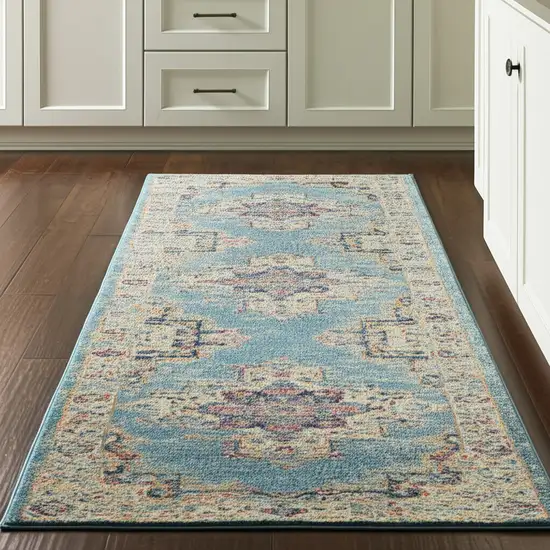 8' Blue And Ivory Southwestern Distressed Runner Rug Photo 1