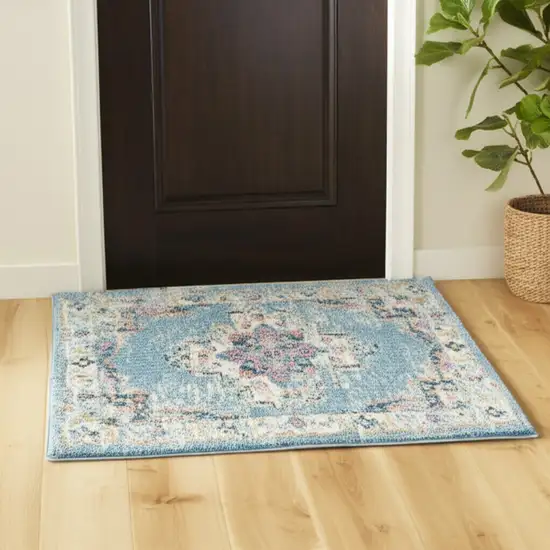 Blue And Ivory Southwestern Distressed Area Rug Photo 2