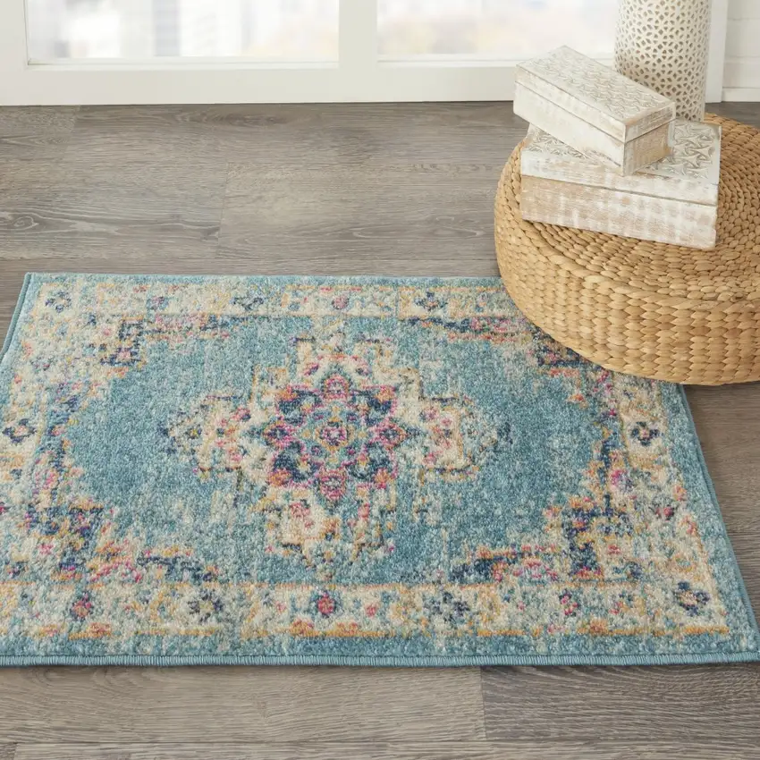 Light Blue Distressed Medallion Scatter Rug Photo 6