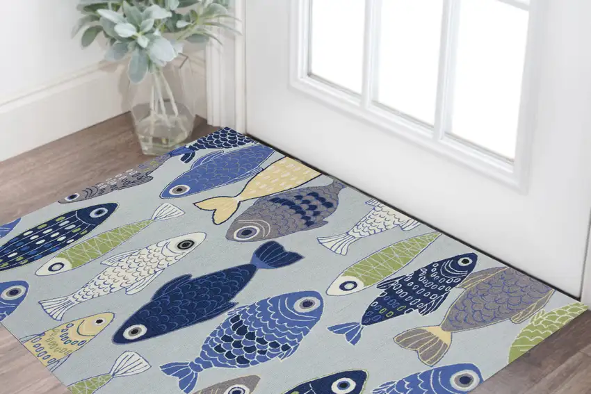 Light Blue and Dark Blue Fishes Hand Tufted Area Rug Photo 2