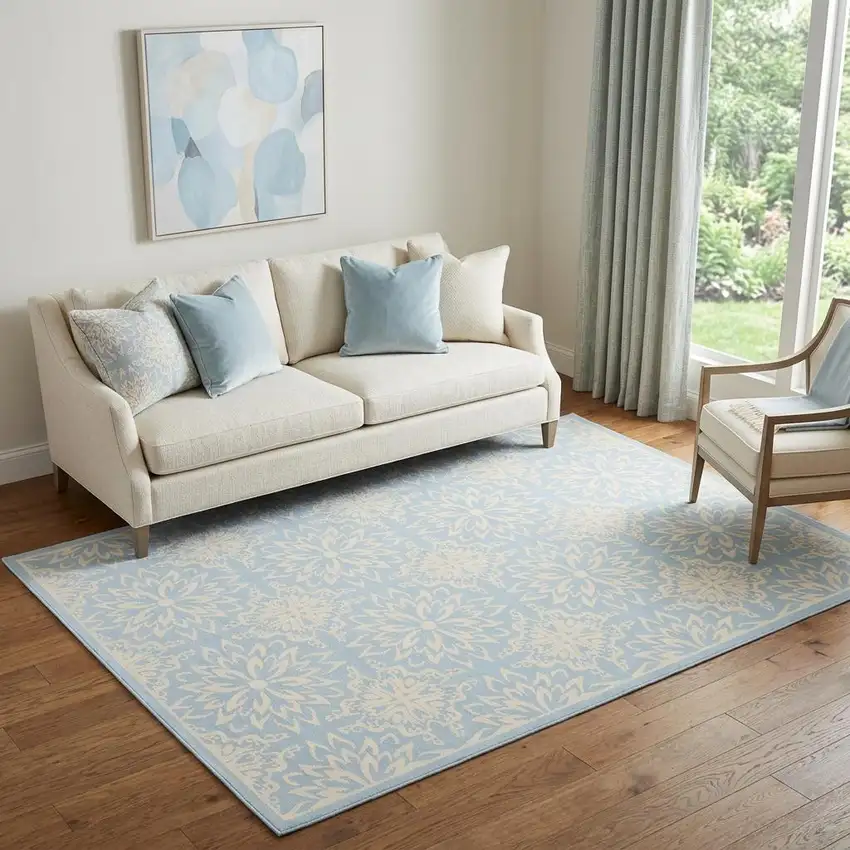 Light Blue Floral Power Loom Area Rug Photo 1