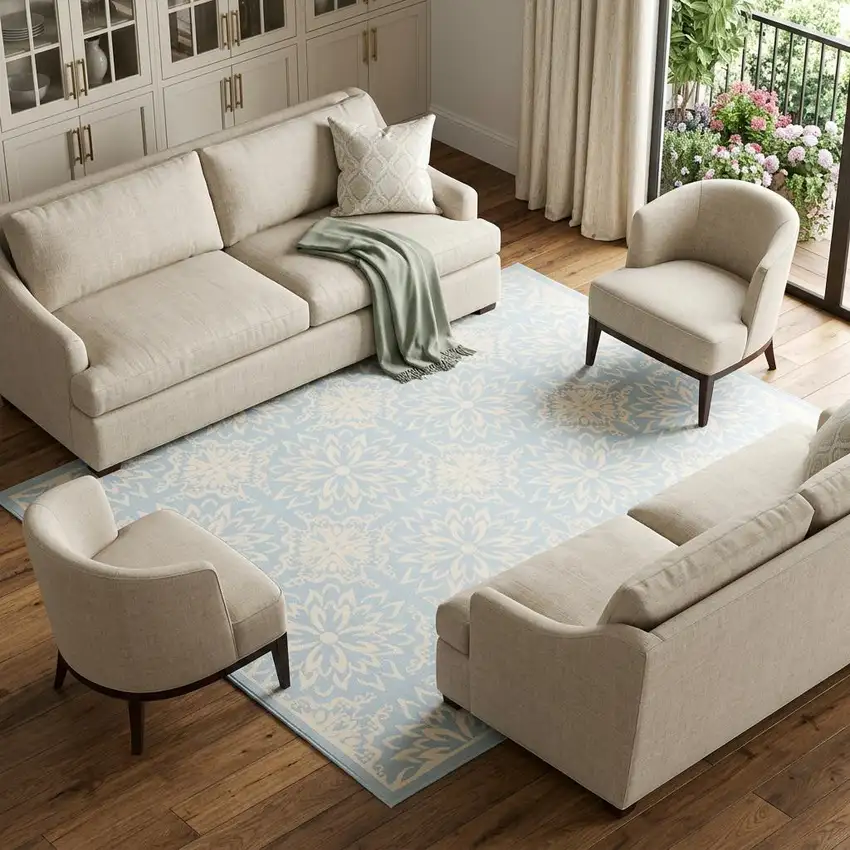 Light Blue Floral Power Loom Area Rug Photo 1