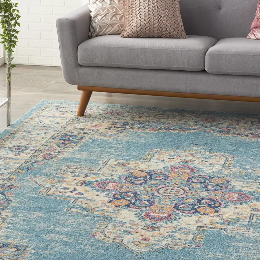 Light Blue Floral Power Loom Area Rug Photo 6