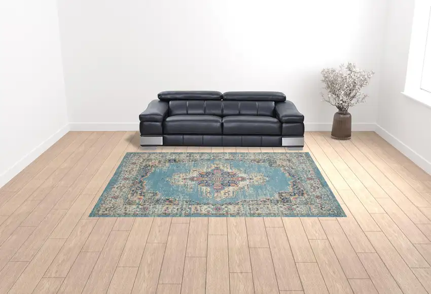 Light Blue Floral Power Loom Area Rug Photo 2