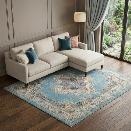 Light Blue Floral Power Loom Area Rug Photo 1