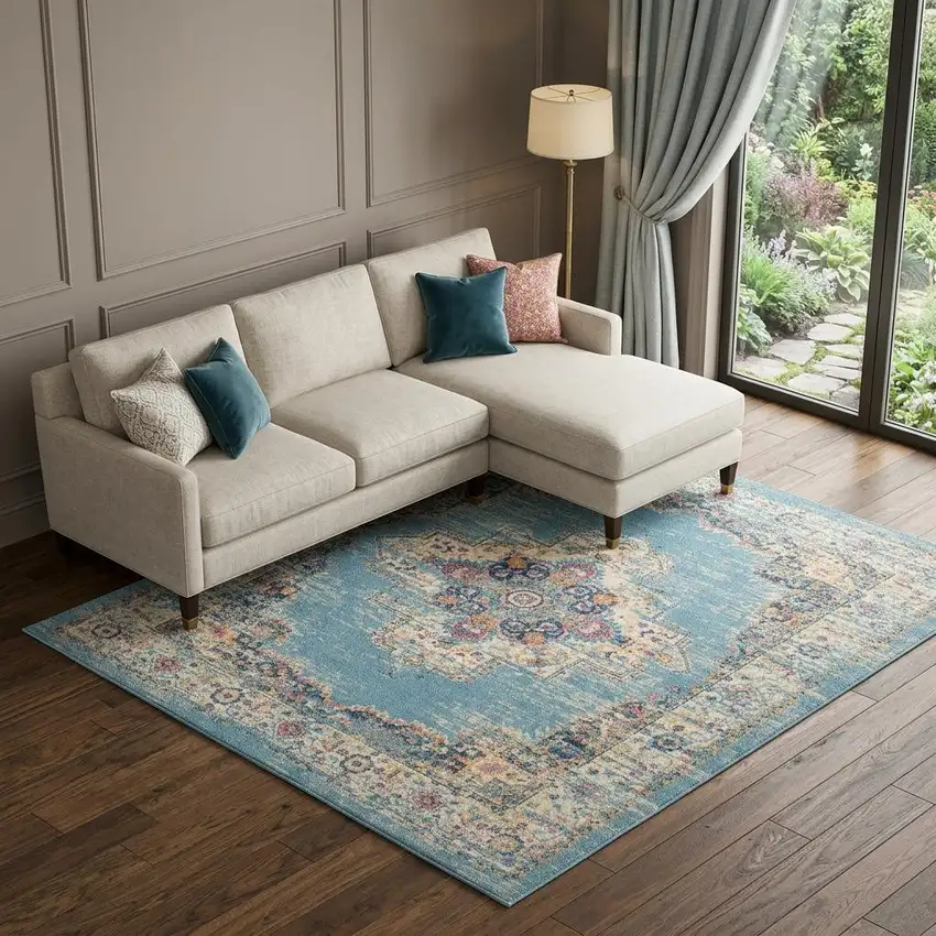 Light Blue Floral Power Loom Area Rug Photo 1
