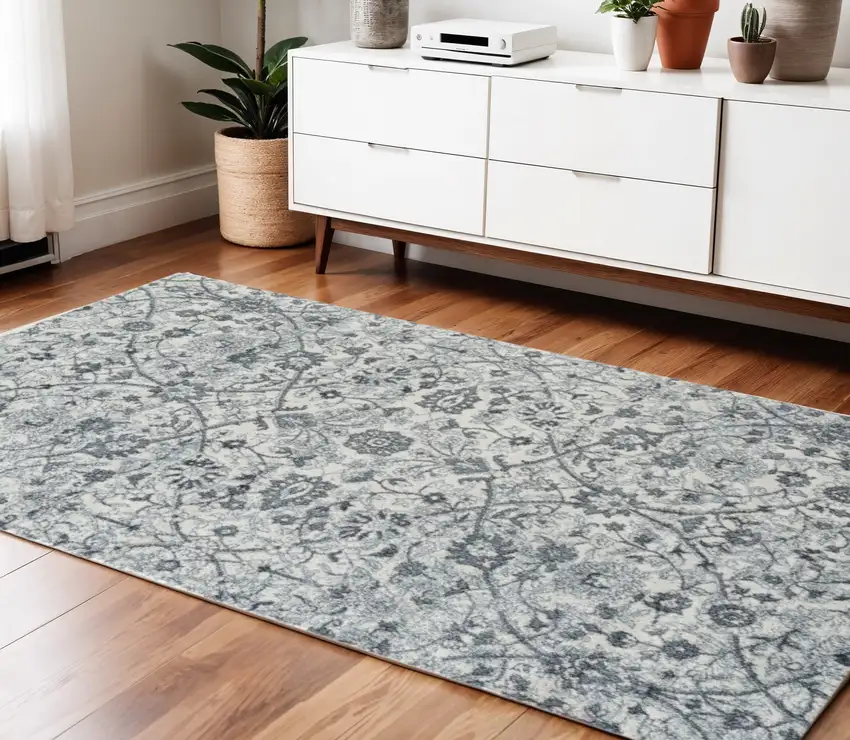 Charcoal and Gray Floral Power Loom Area Rug Photo 1