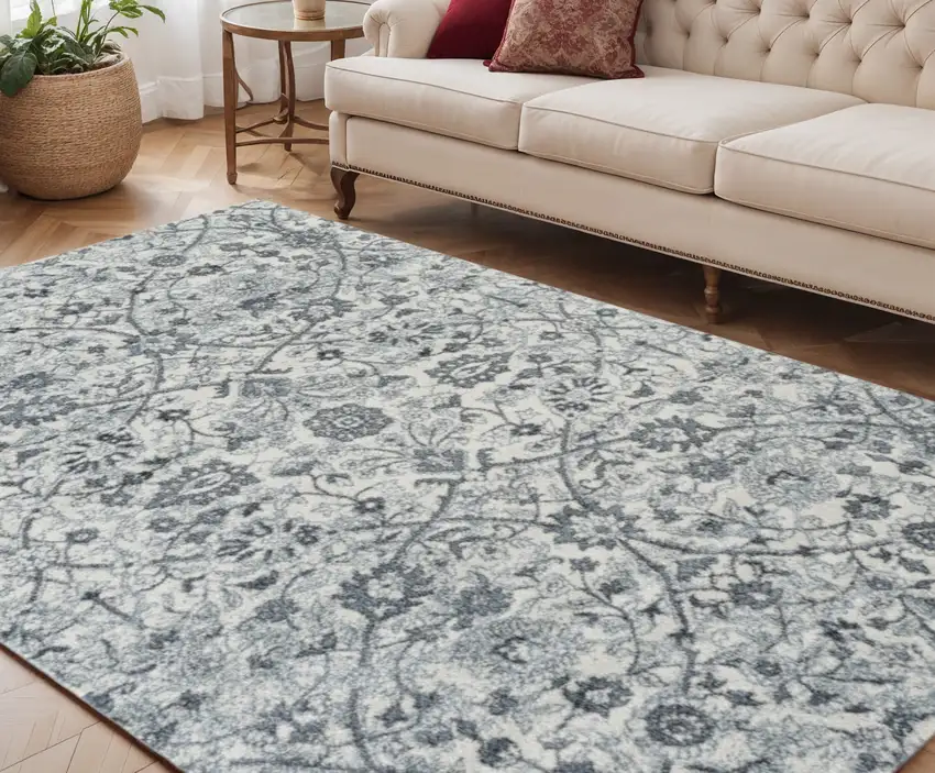 Charcoal and Gray Floral Power Loom Area Rug Photo 1