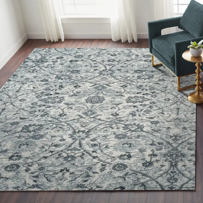 Light Blue Floral Power Loom Area Rug Photo 4