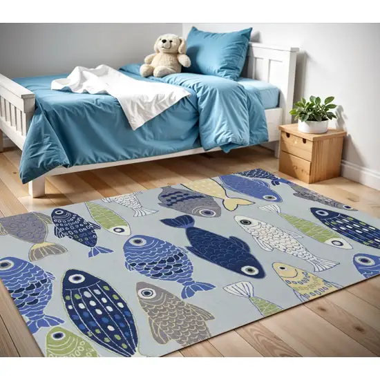 Blue Ivory And Green Fish Hand Tufted Area Rug Photo 1