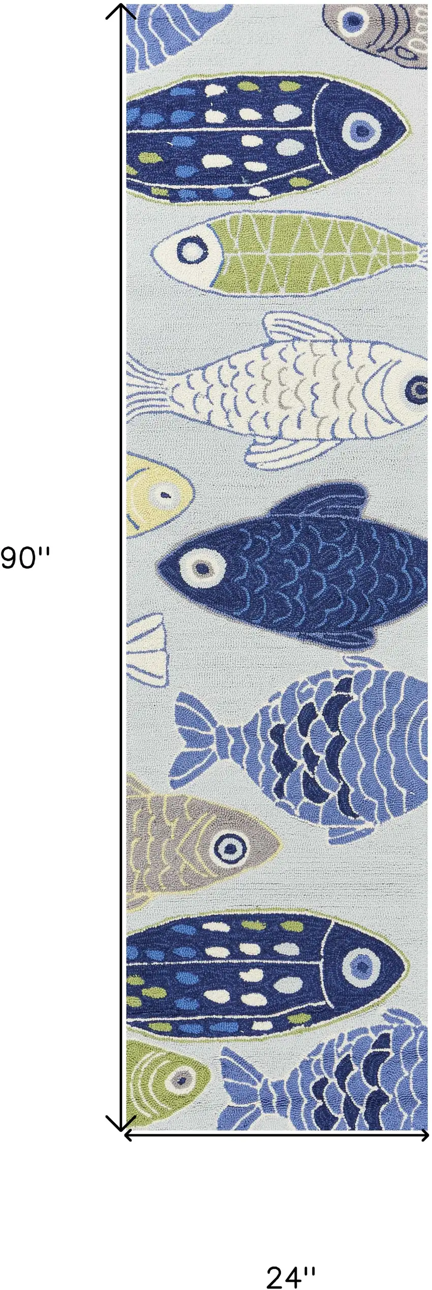 8' Light Blue Hand Hooked Oversized Sea Of Fish Indoor Runner Rug Photo 6