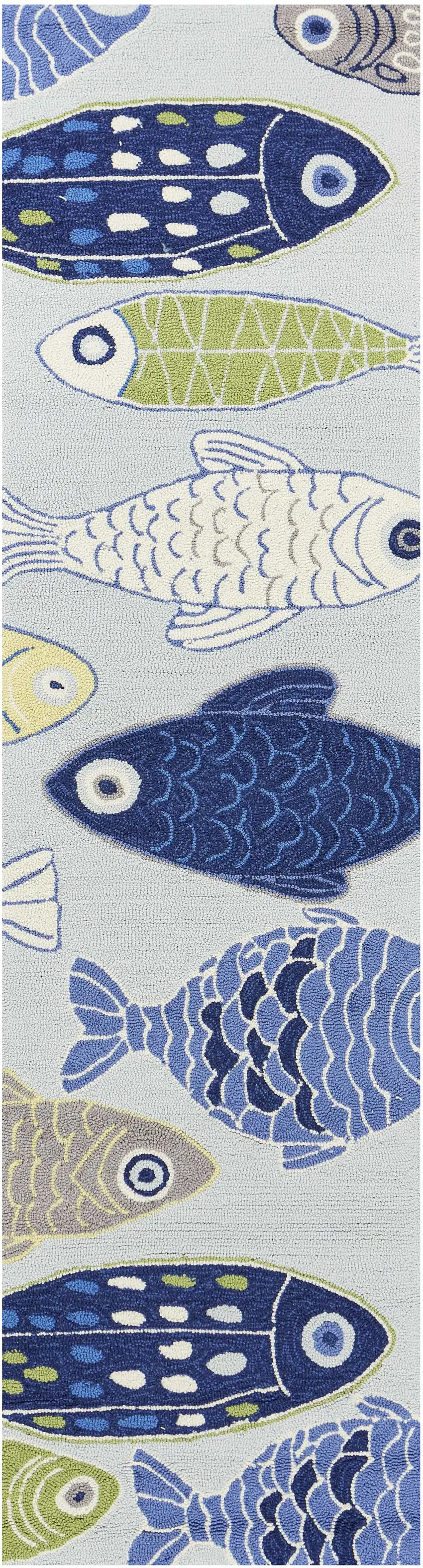 8' Blue and Green Fish Hand Tufted Runner Rug Photo 2