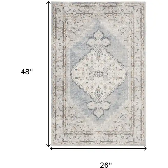 Light Blue Ivory And Brown Floral Medallion Distressed Washable Area Rug Photo 3